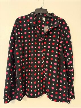 Polka Dot Fleece Button-Up Jacket - Black with Pink & Red Dots
